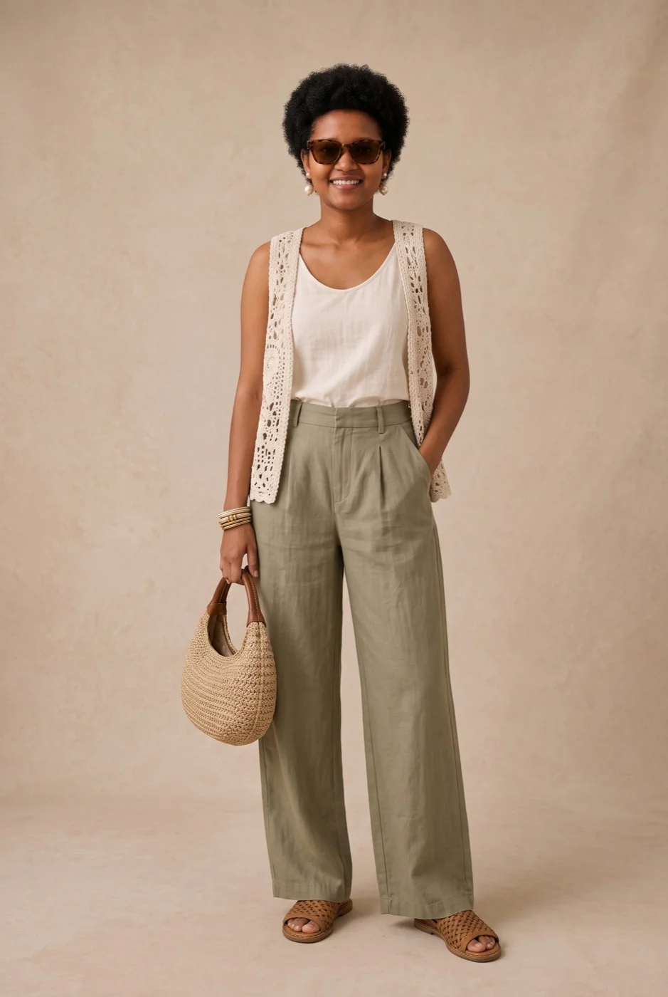 Bera look: crochet vest and olive trousers