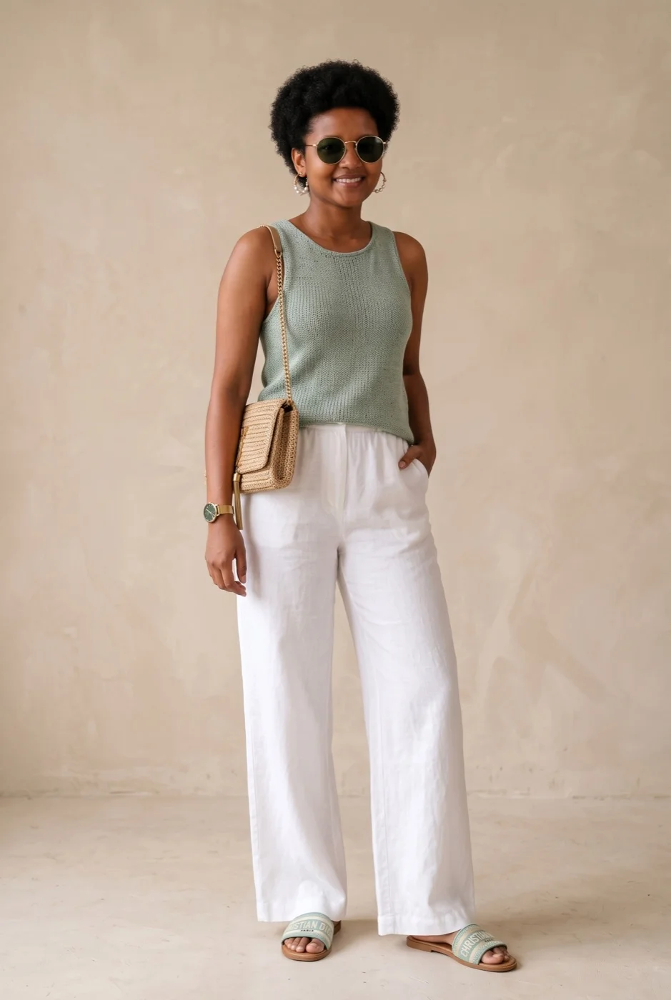 Bera look: sage knit and white linen
