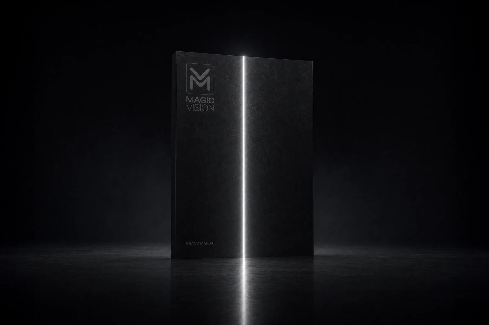 The Magic Vision brand manual, black with a single lit seam down the cover