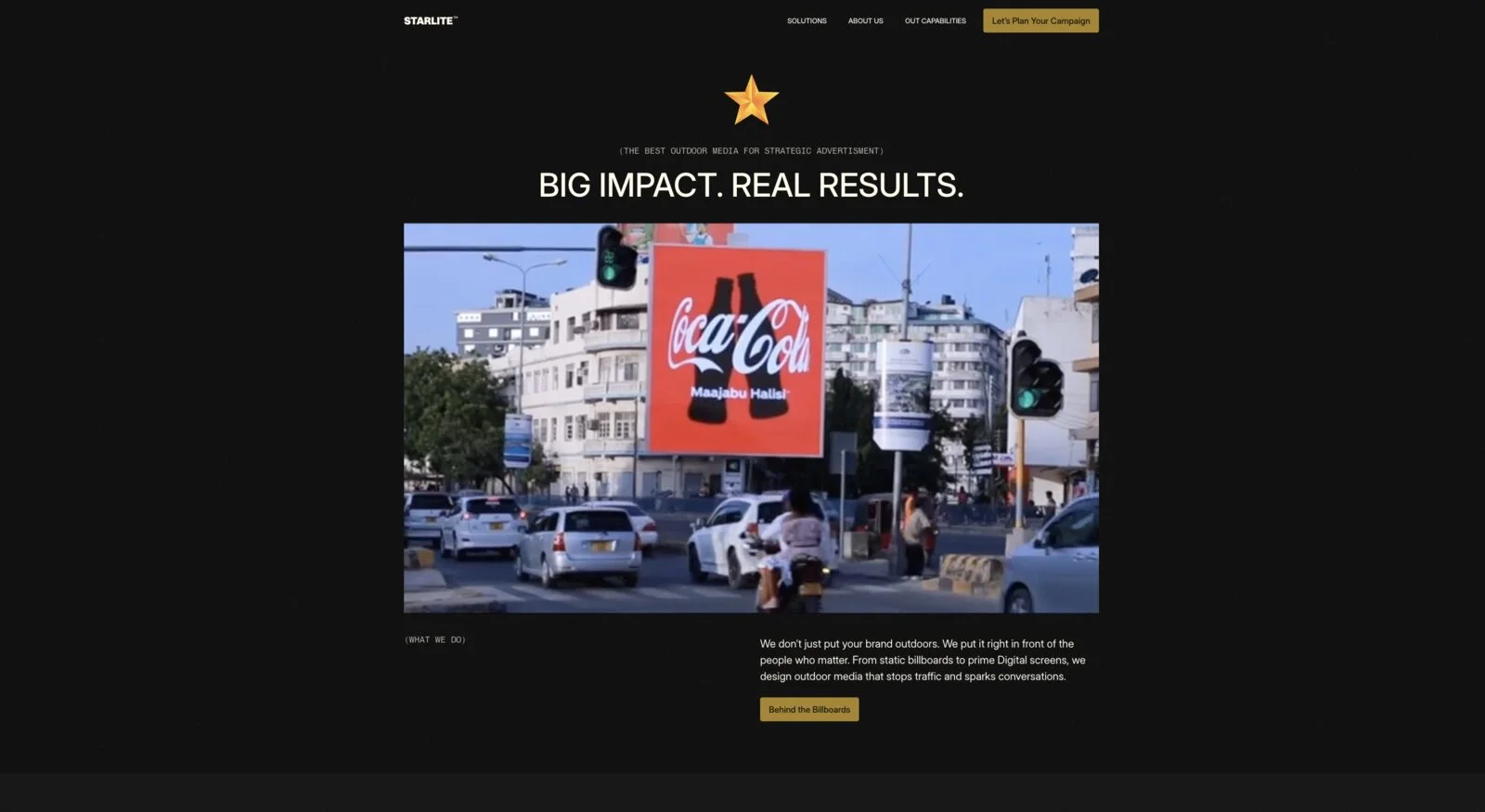 The Starlite Vision home page, showing a Coca-Cola board on Ali Hassan Mwinyi Road